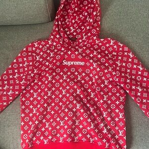 Supreme x Louis Vuitton Red and White Logo Hoodie